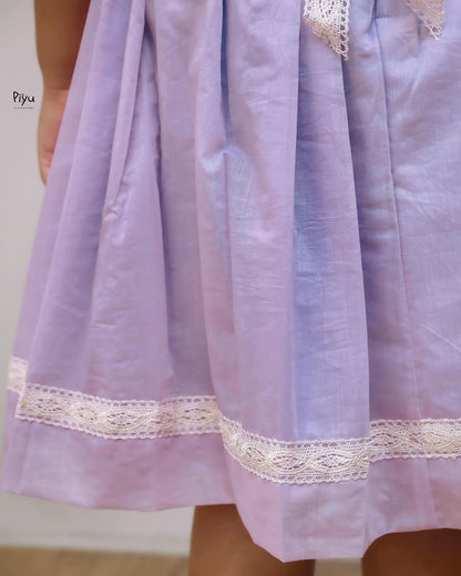 Mul Chanderi Frock: Beaded Net Yoke & Back Bow-Lavender.
