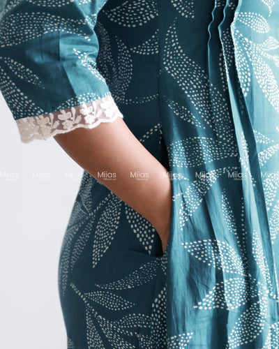 South Cotton Dress Kurti | Lace Collar + Pintucks + Pocket | Teal Blue