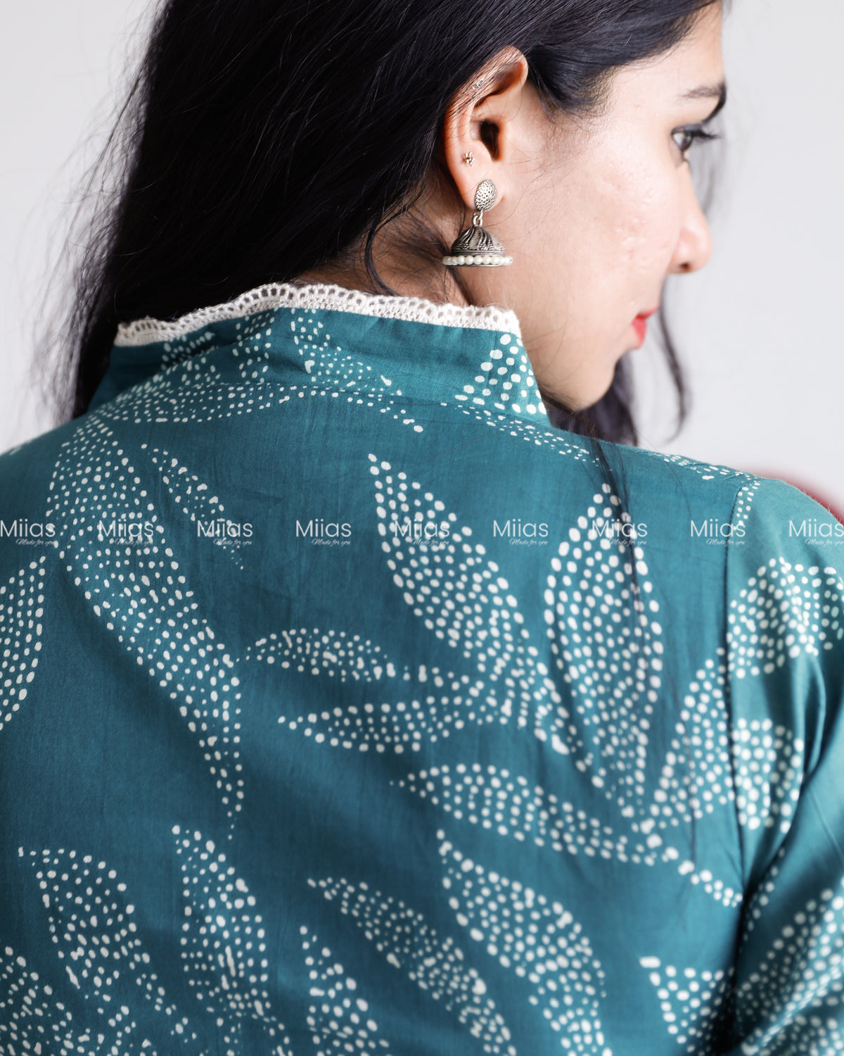 South Cotton Dress Kurti | Lace Collar + Pintucks + Pocket | Teal Blue
