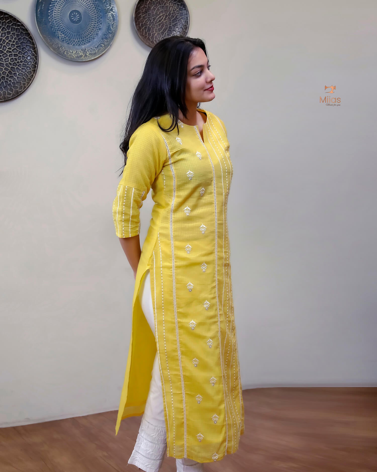 Cotton Kota Ethnic Set: Embroidered Neck, Half-Lace Dupatta-Pastel Yellow.