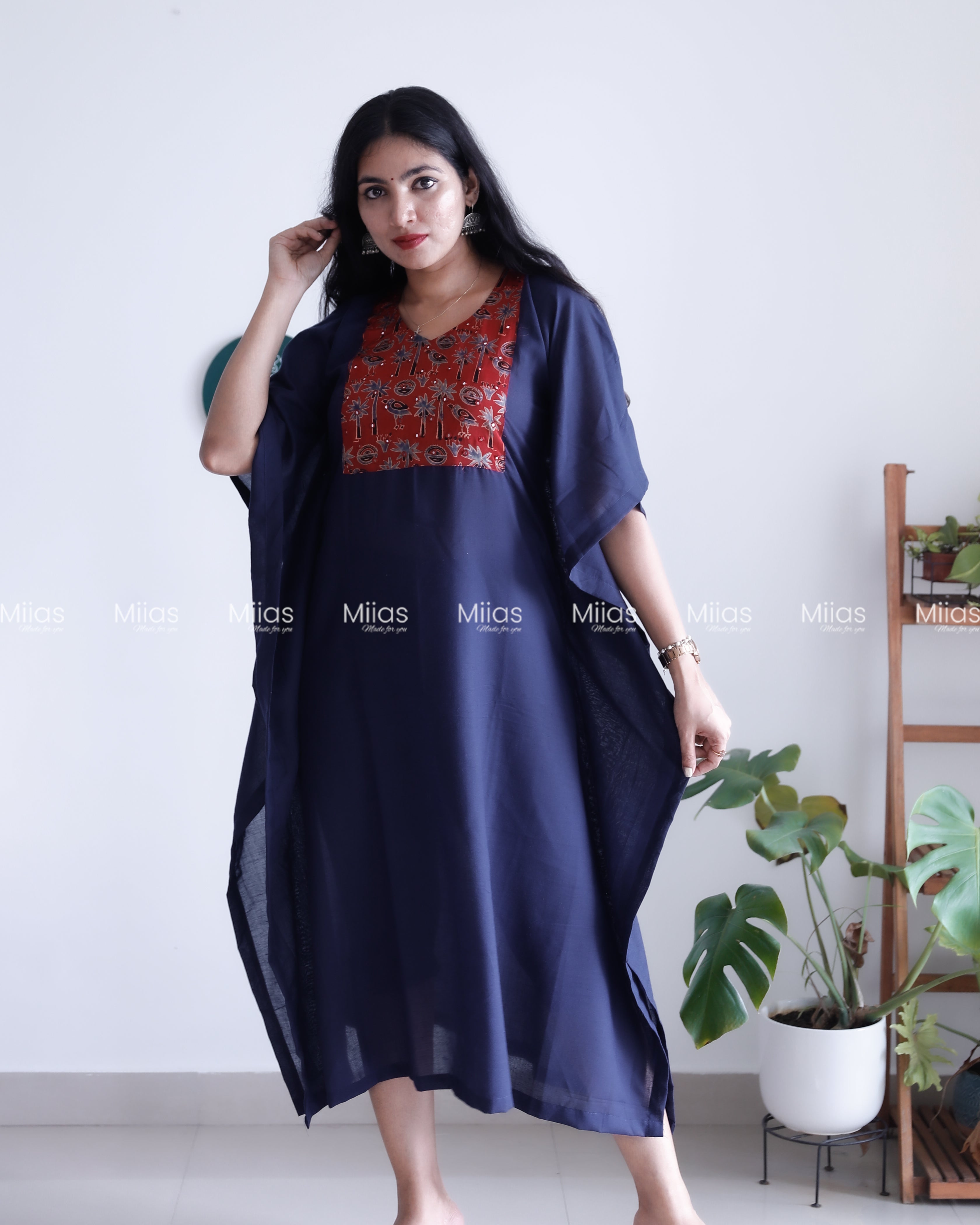Cotton Kaftan | Modal Silk Mirror Yoke Patch | Navy Blue