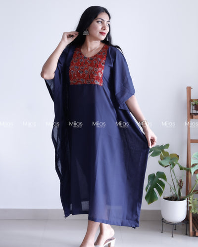 Cotton Kaftan | Modal Silk Mirror Yoke Patch | Navy Blue