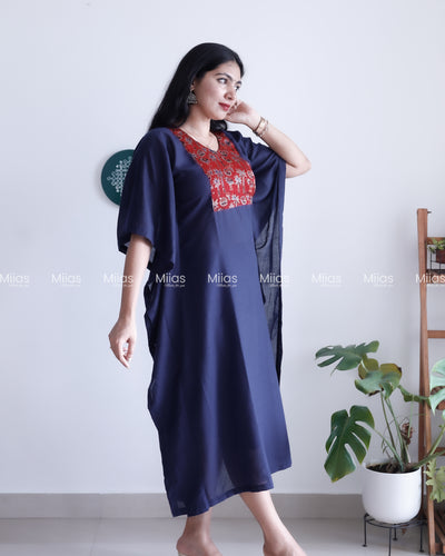 Cotton Kaftan | Modal Silk Mirror Yoke Patch | Navy Blue