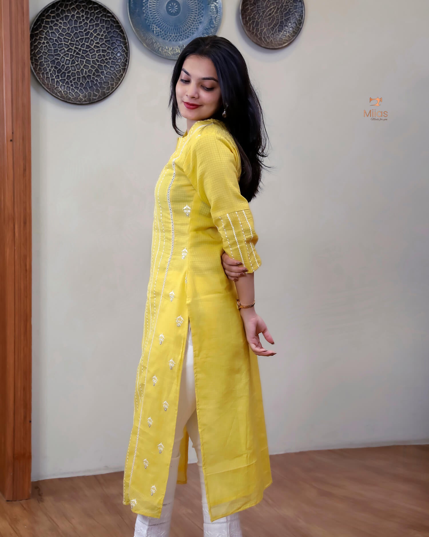 Cotton Kota Ethnic Set: Embroidered Neck, Half-Lace Dupatta-Pastel Yellow.