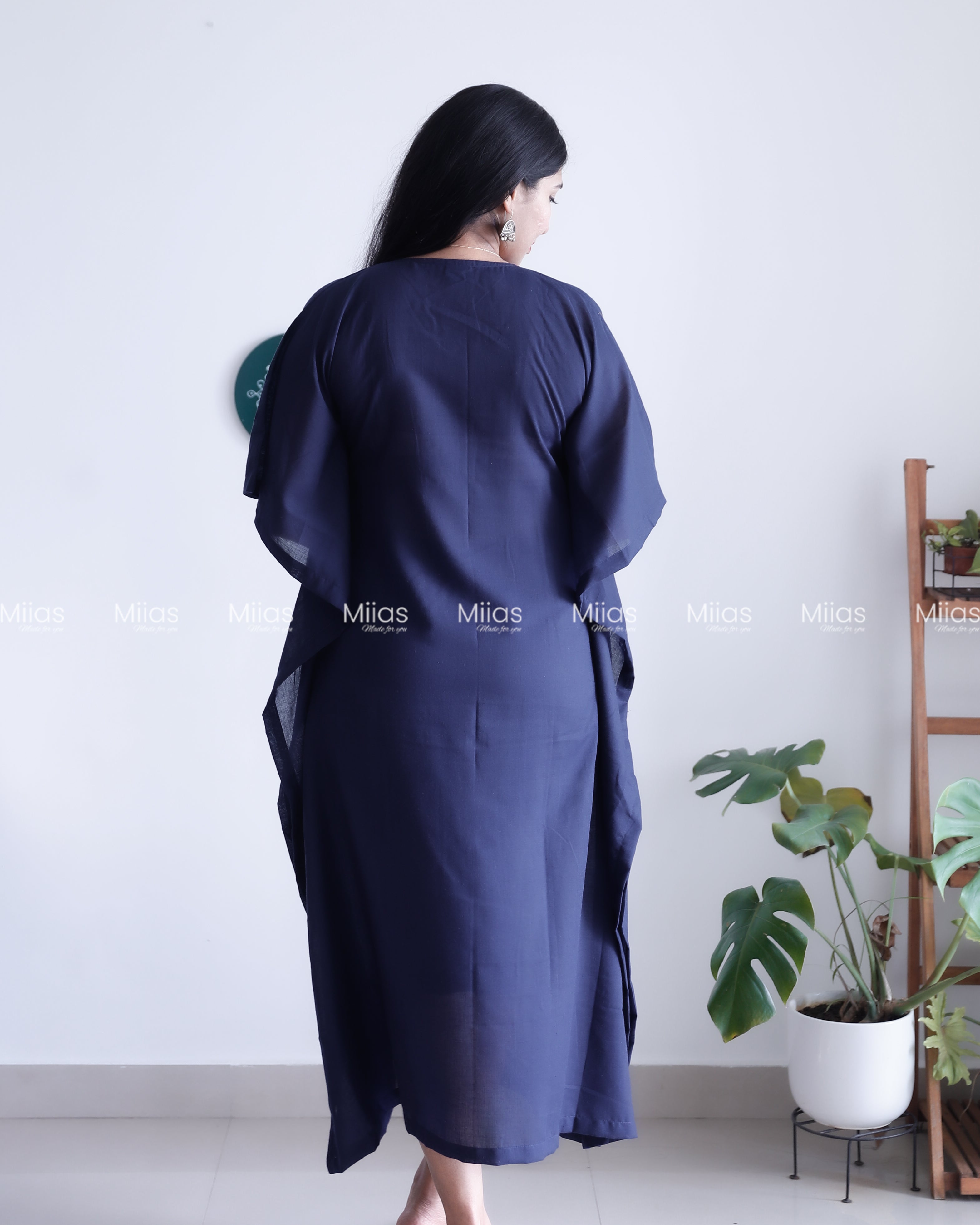 Cotton Kaftan | Modal Silk Mirror Yoke Patch | Navy Blue