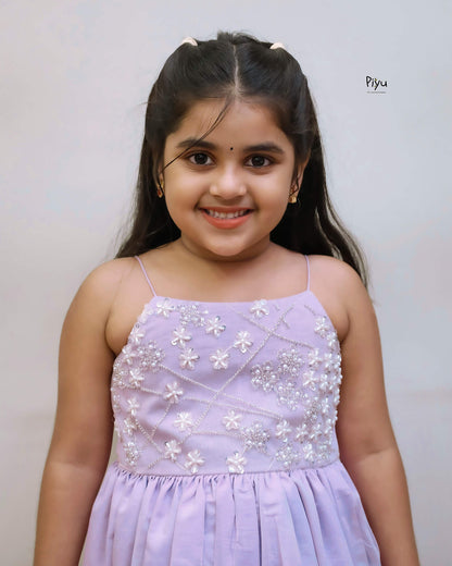 Mul Chanderi Frock: Beaded Net Yoke & Back Bow-Lavender.