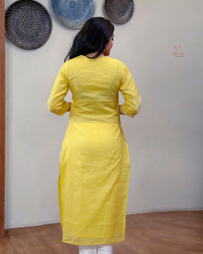 Cotton Kota Ethnic Set: Embroidered Neck, Half-Lace Dupatta-Pastel Yellow.