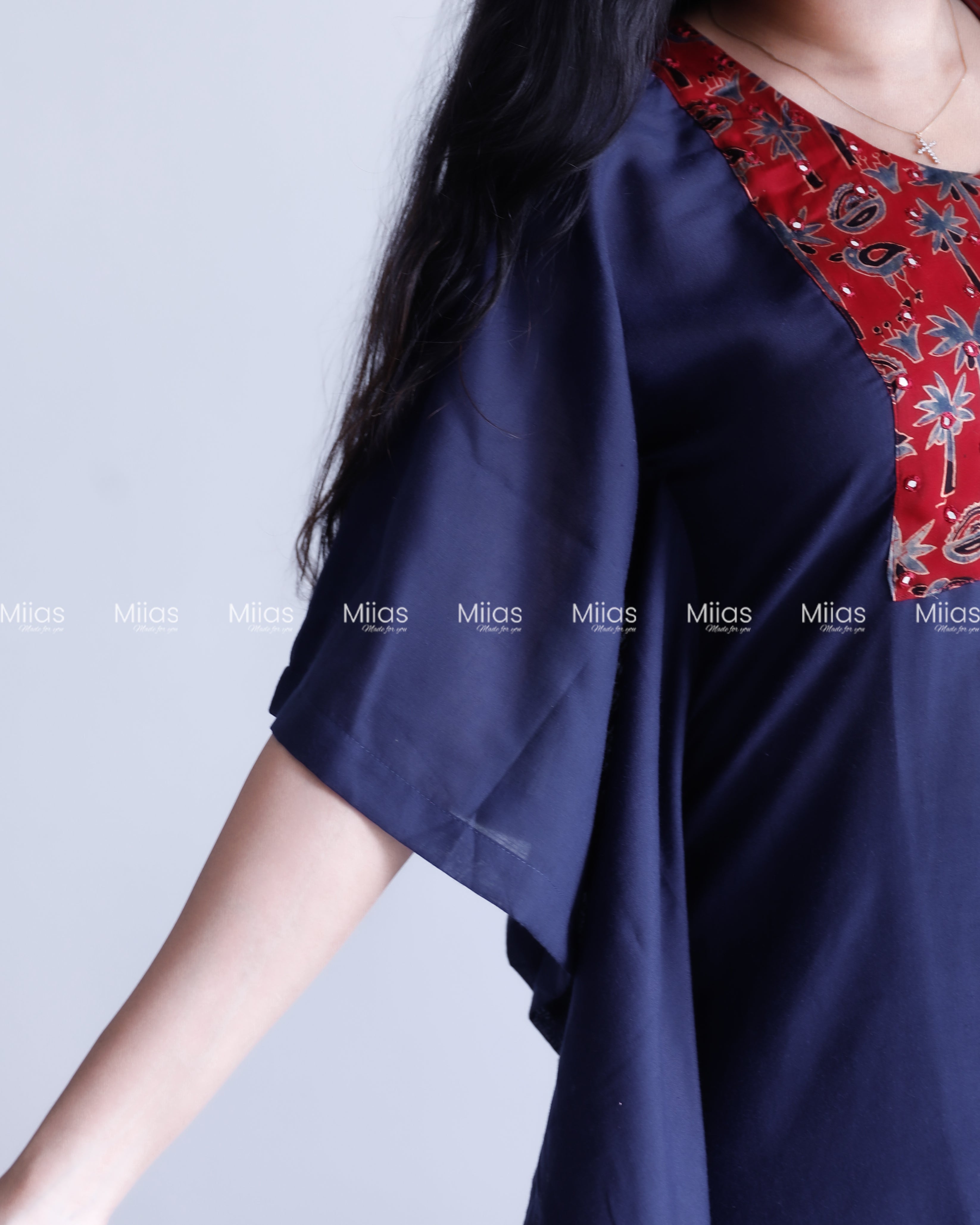 Cotton Kaftan | Modal Silk Mirror Yoke Patch | Navy Blue