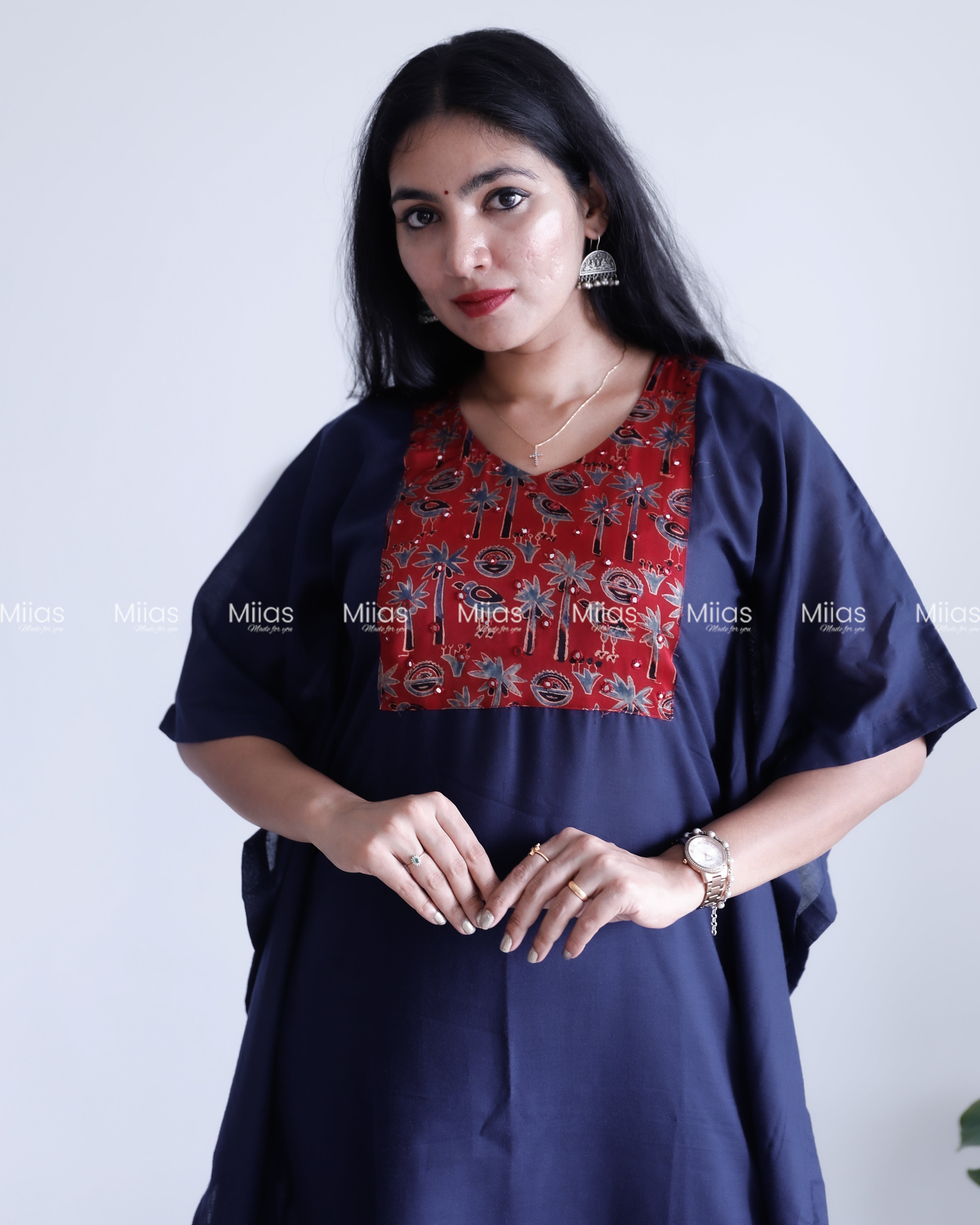 Cotton Kaftan | Modal Silk Mirror Yoke Patch | Navy Blue
