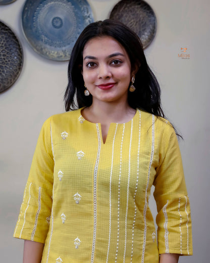 Cotton Kota Ethnic Set: Embroidered Neck, Half-Lace Dupatta-Pastel Yellow.