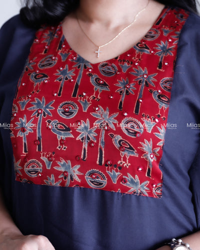 Cotton Kaftan | Modal Silk Mirror Yoke Patch | Navy Blue