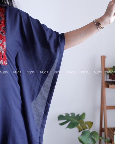 Cotton Kaftan | Modal Silk Mirror Yoke Patch | Navy Blue