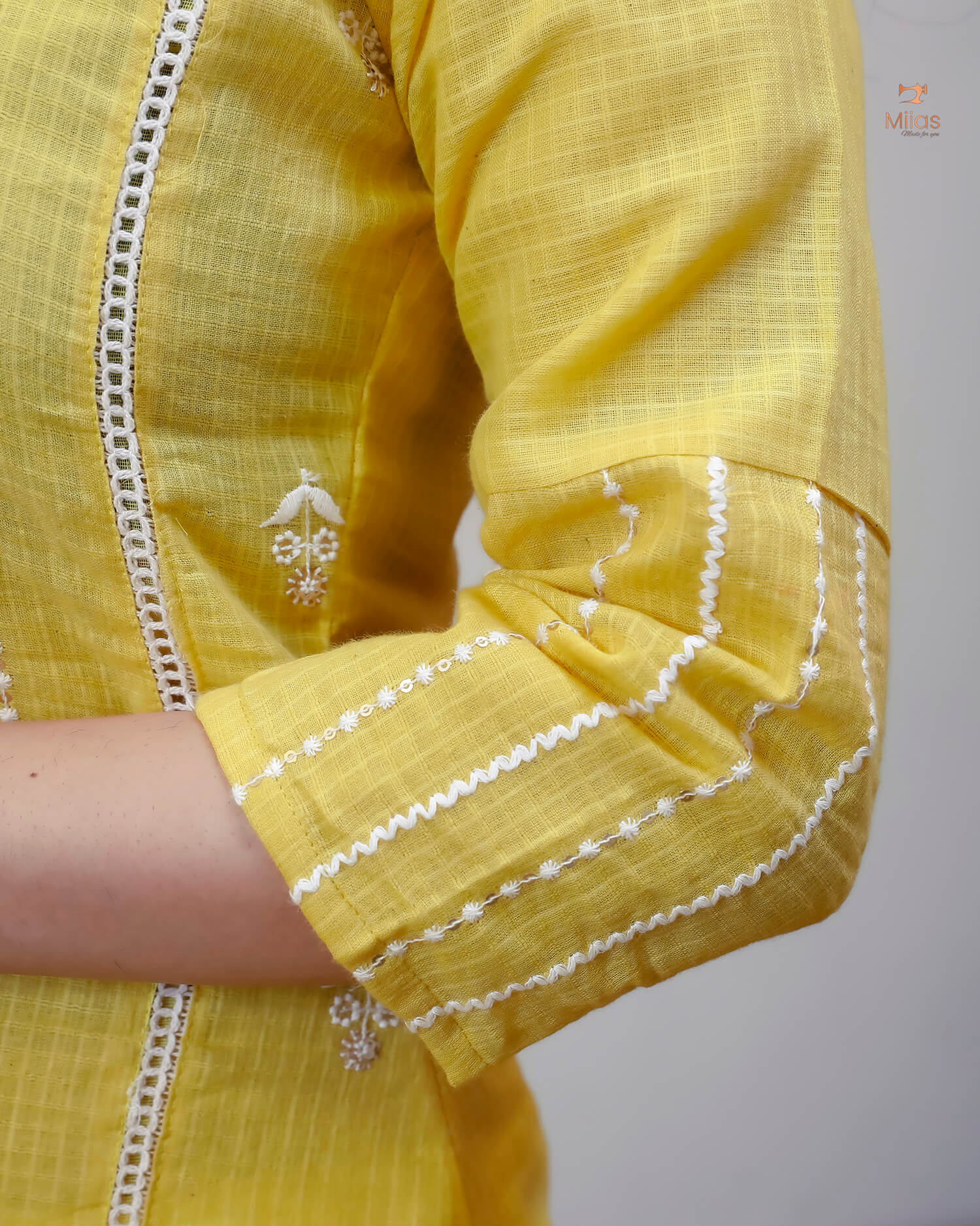 Cotton Kota Ethnic Set: Embroidered Neck, Half-Lace Dupatta-Pastel Yellow.