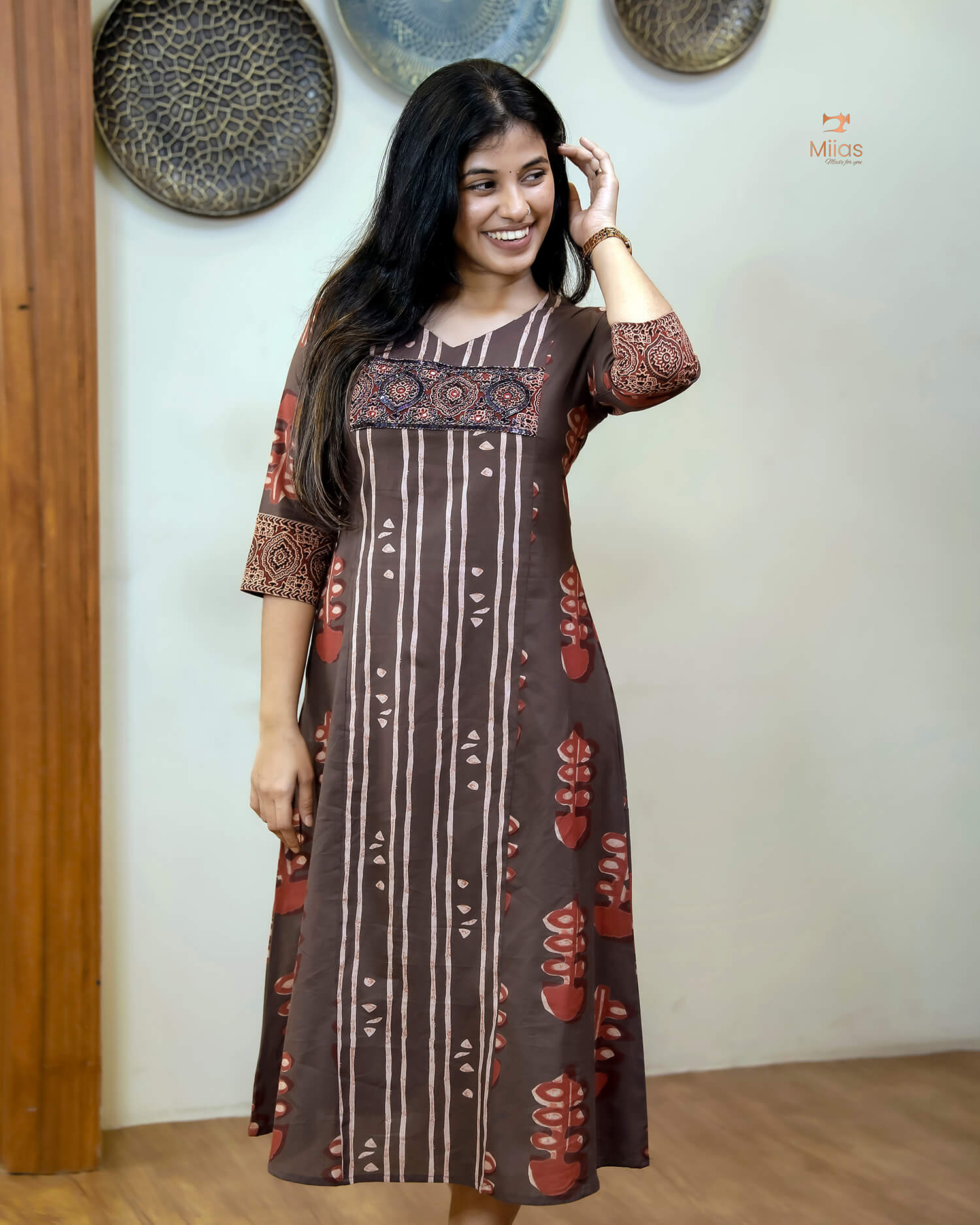 South Cotton Kurti: Beaded, Sequined Yoke & Ajrakh Sleeves