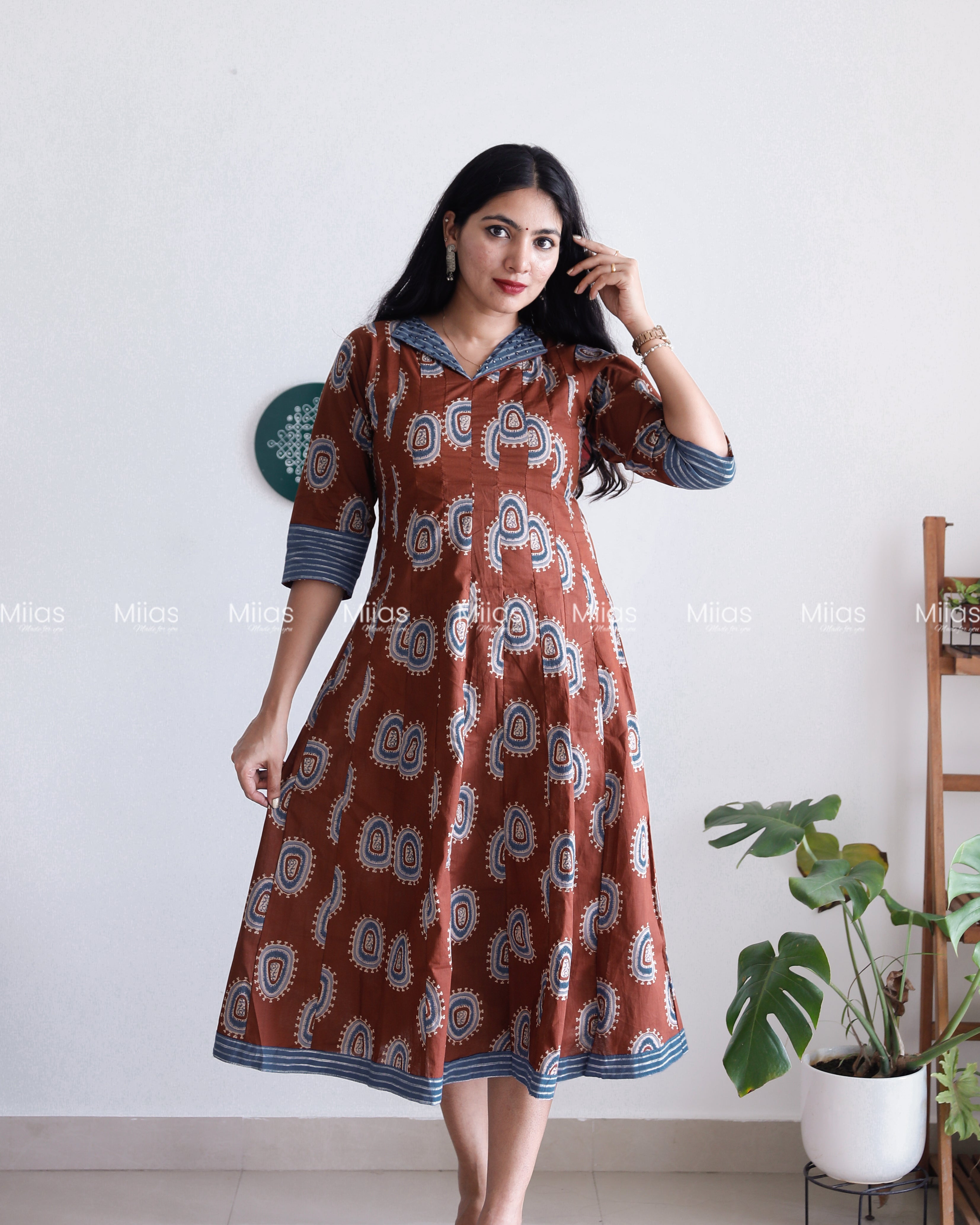 Ajrakh Cotton Panel Kurti | Mirror Collar + Contrast Border | Coffee Brown