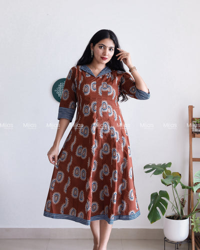 Ajrakh Cotton Panel Kurti | Mirror Collar + Contrast Border | Coffee Brown