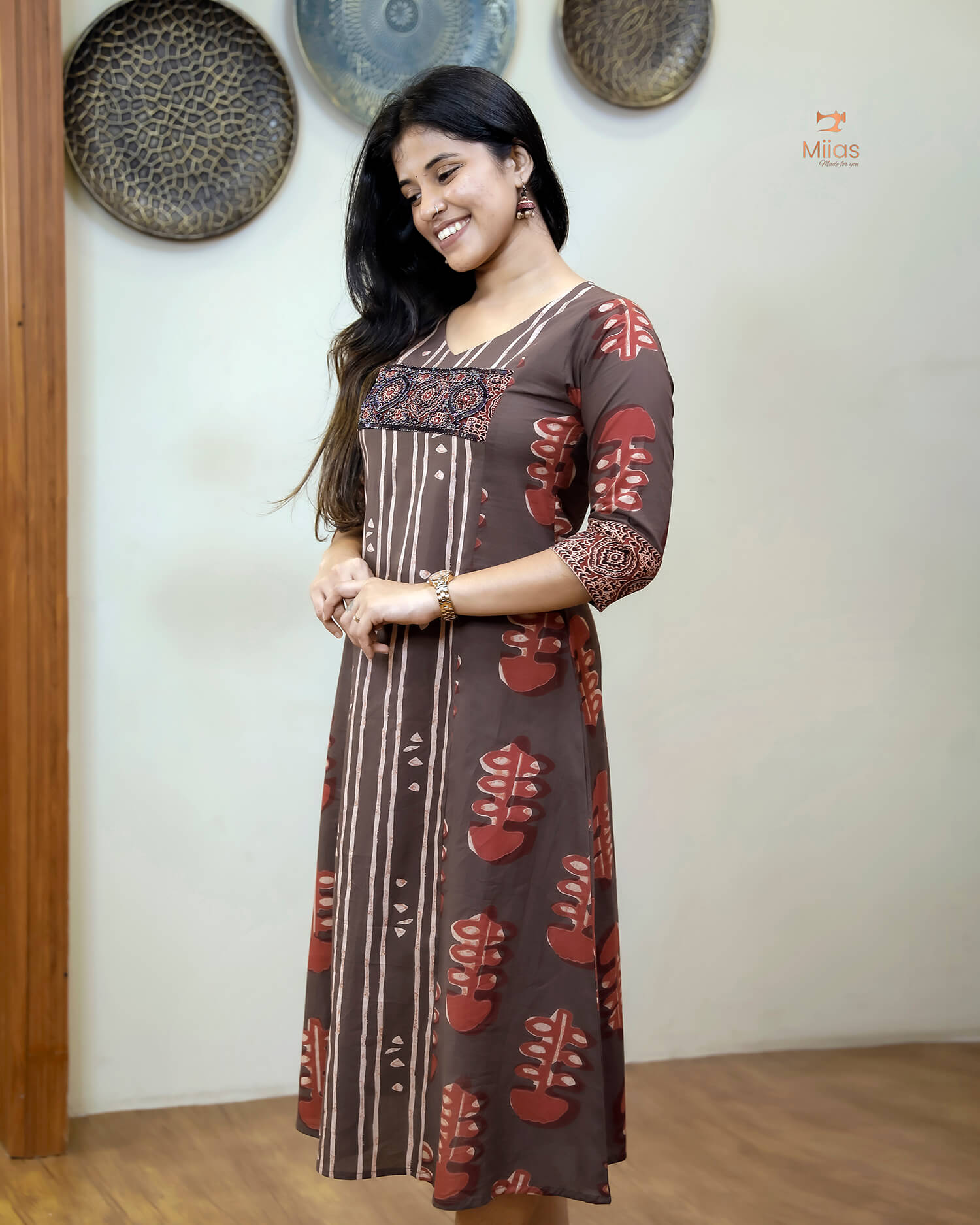 South Cotton Kurti: Beaded, Sequined Yoke & Ajrakh Sleeves