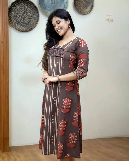 South Cotton Kurti: Beaded, Sequined Yoke & Ajrakh Sleeves