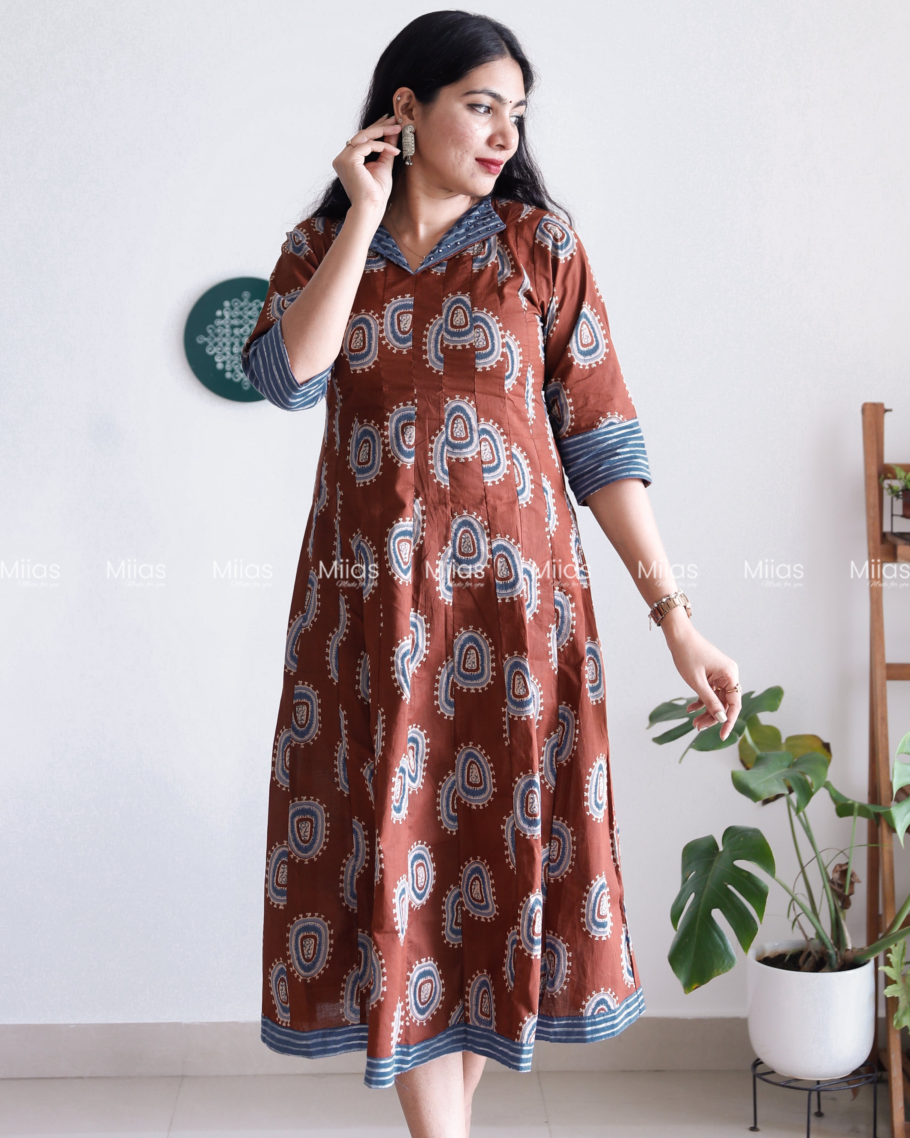 Ajrakh Cotton Panel Kurti | Mirror Collar + Contrast Border | Coffee Brown