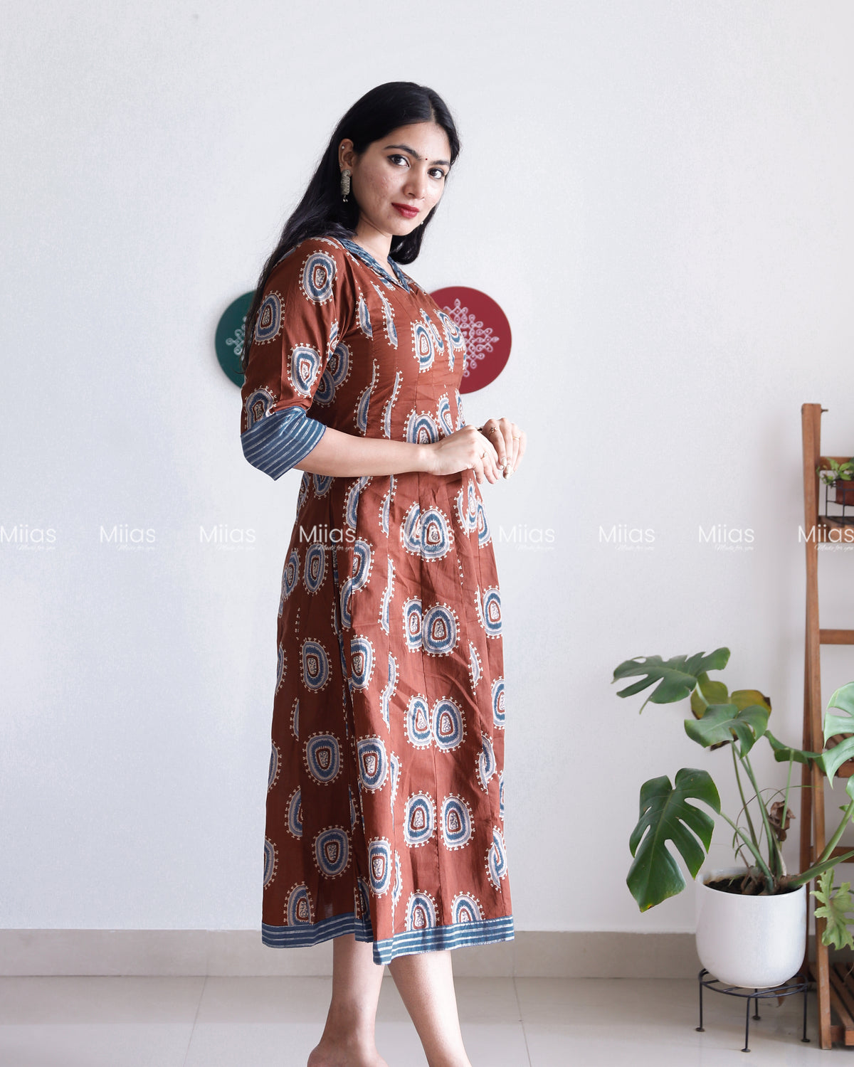 Ajrakh Cotton Panel Kurti | Mirror Collar + Contrast Border | Coffee Brown