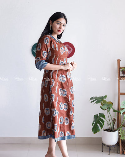 Ajrakh Cotton Panel Kurti | Mirror Collar + Contrast Border | Coffee Brown