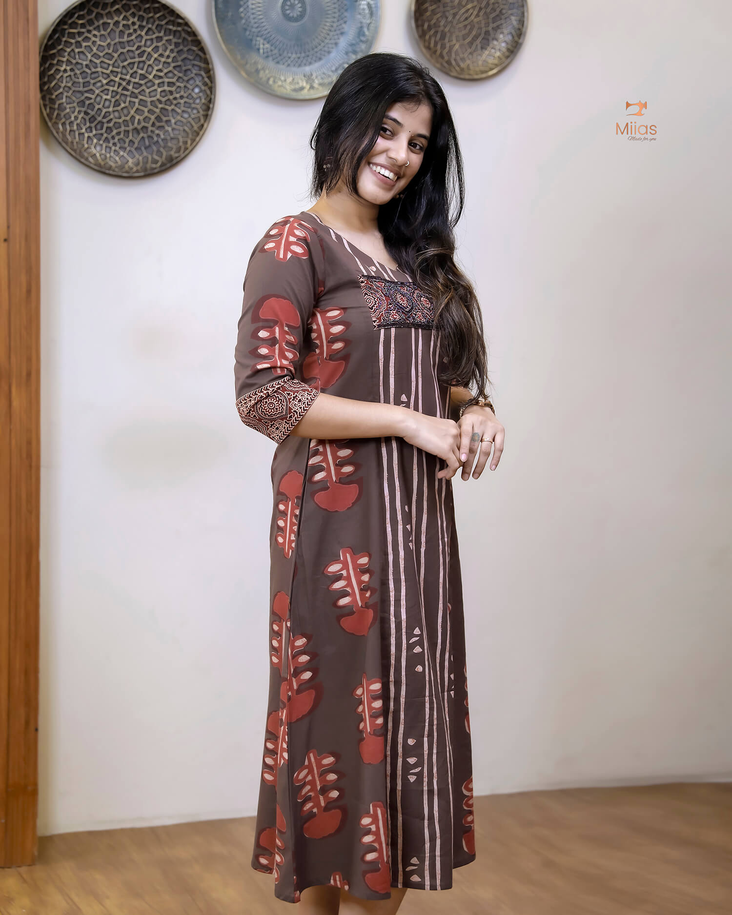 South Cotton Kurti: Beaded, Sequined Yoke & Ajrakh Sleeves