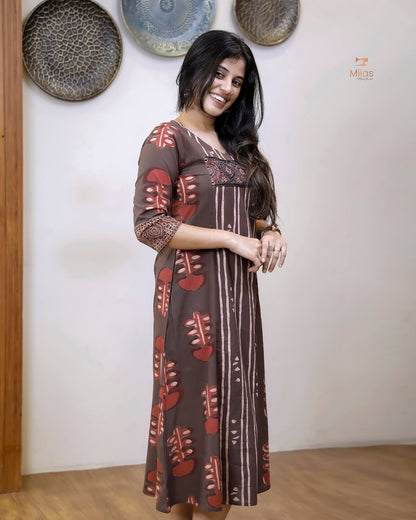 South Cotton Kurti: Beaded, Sequined Yoke & Ajrakh Sleeves