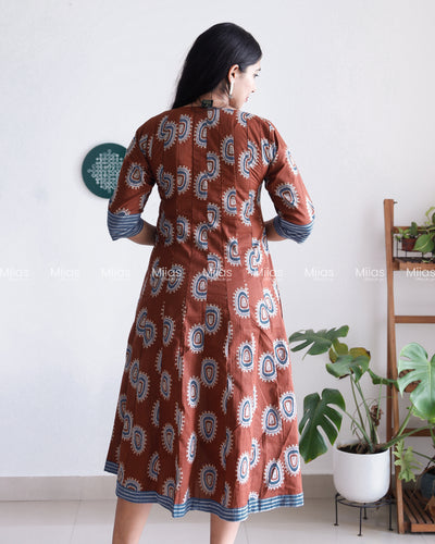 Ajrakh Cotton Panel Kurti | Mirror Collar + Contrast Border | Coffee Brown