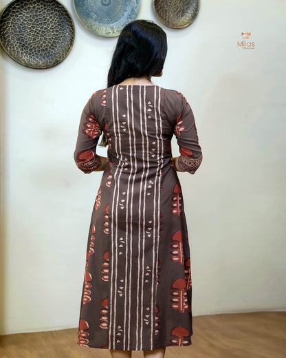 South Cotton Kurti: Beaded, Sequined Yoke & Ajrakh Sleeves