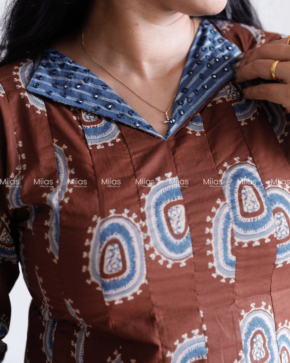 Ajrakh Cotton Panel Kurti | Mirror Collar + Contrast Border | Coffee Brown