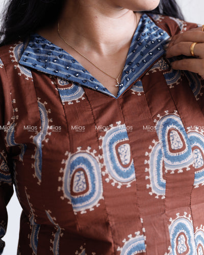 Ajrakh Cotton Panel Kurti | Mirror Collar + Contrast Border | Coffee Brown