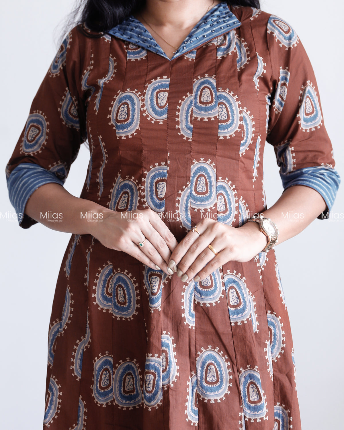 Ajrakh Cotton Panel Kurti | Mirror Collar + Contrast Border | Coffee Brown