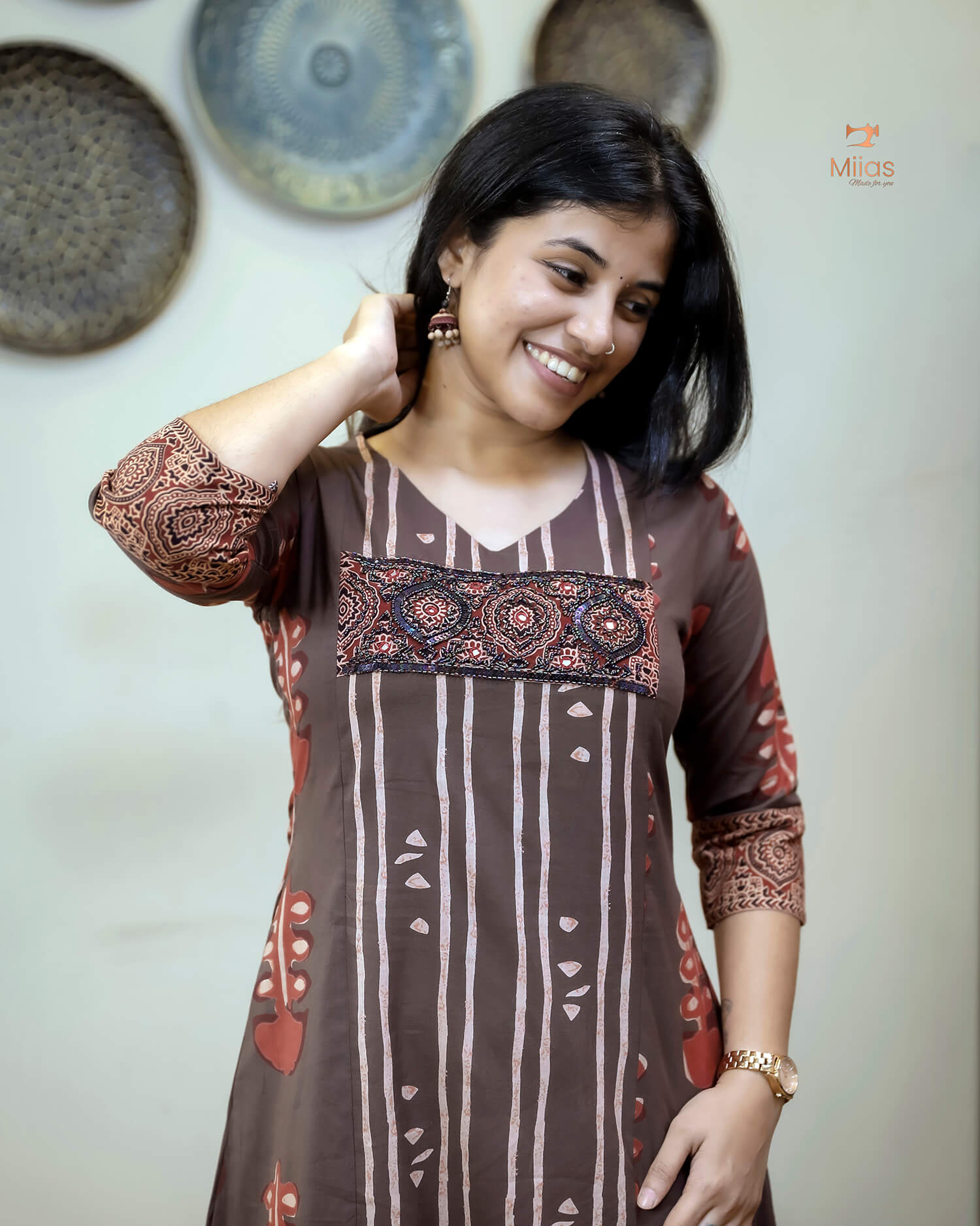 South Cotton Kurti: Beaded, Sequined Yoke & Ajrakh Sleeves