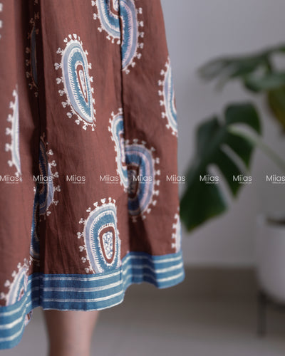 Ajrakh Cotton Panel Kurti | Mirror Collar + Contrast Border | Coffee Brown