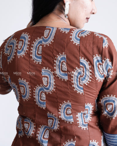 Ajrakh Cotton Panel Kurti | Mirror Collar + Contrast Border | Coffee Brown