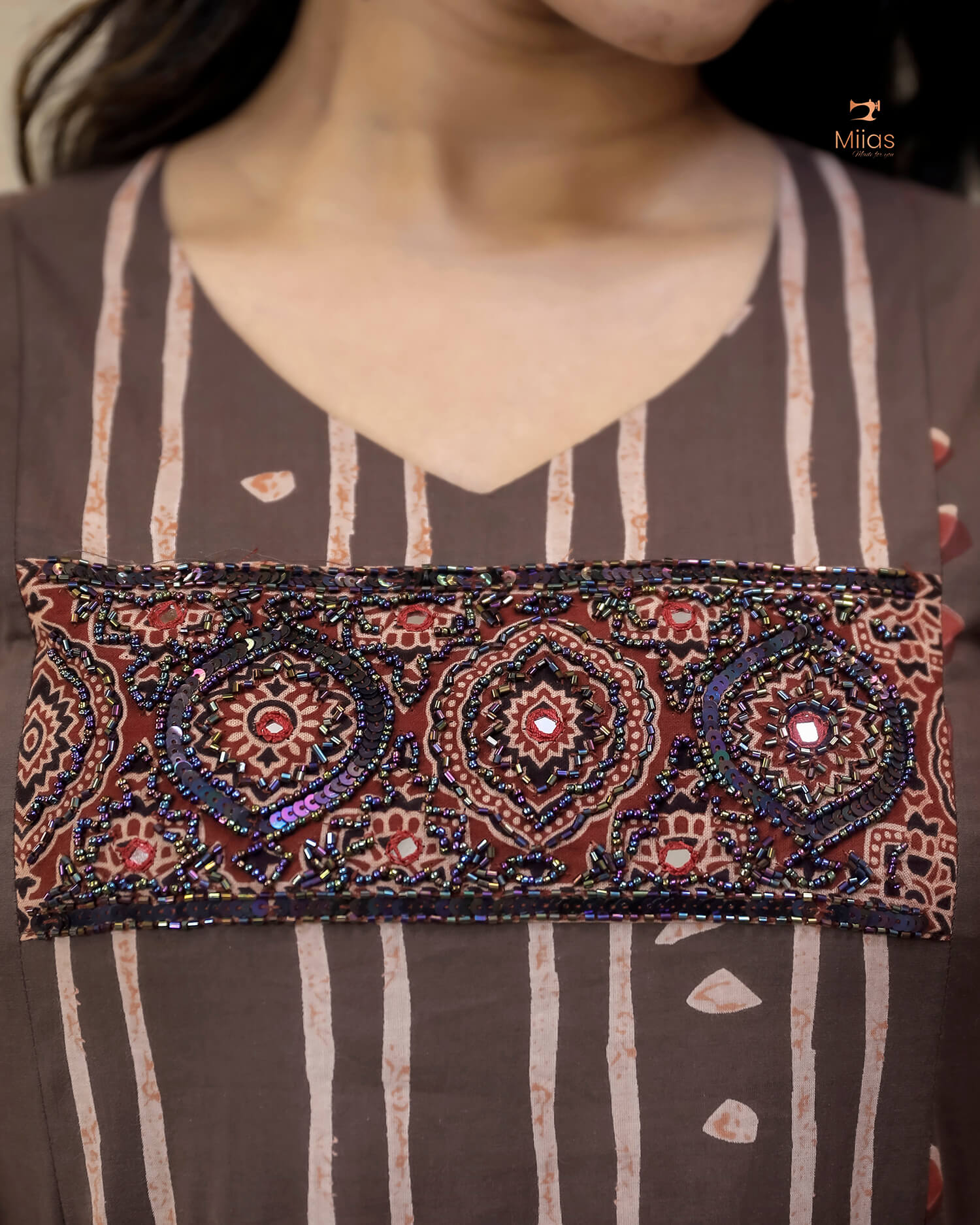 South Cotton Kurti: Beaded, Sequined Yoke & Ajrakh Sleeves