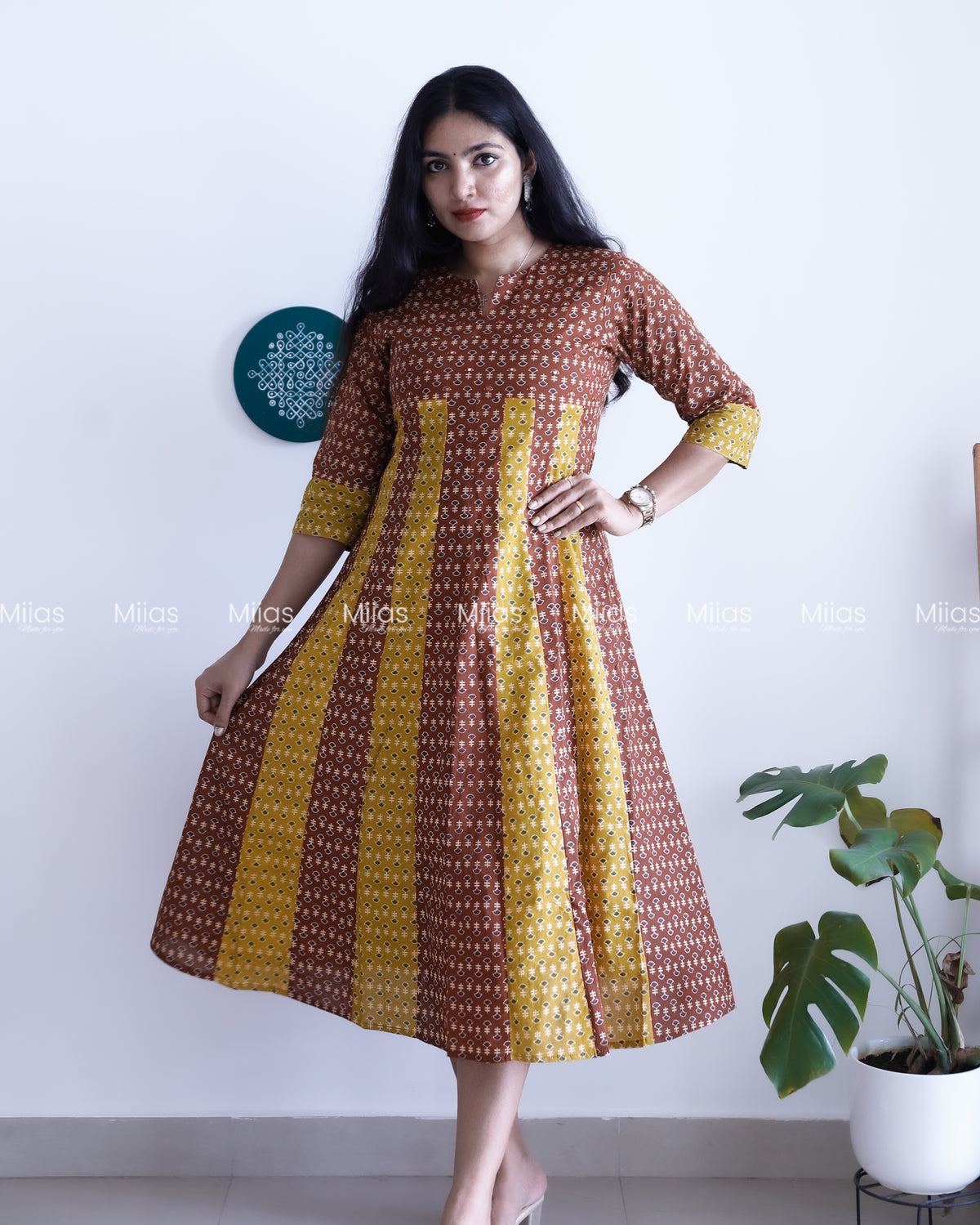 Cotton Panel Kurti | Ajrakh 2-Tone + Mirror Yoke + Border | Yellow & Brown (Inverted Colour)