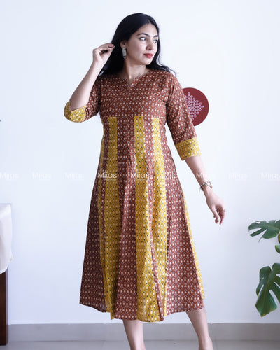 Cotton Panel Kurti | Ajrakh 2-Tone + Mirror Yoke + Border | Yellow & Brown (Inverted Colour)