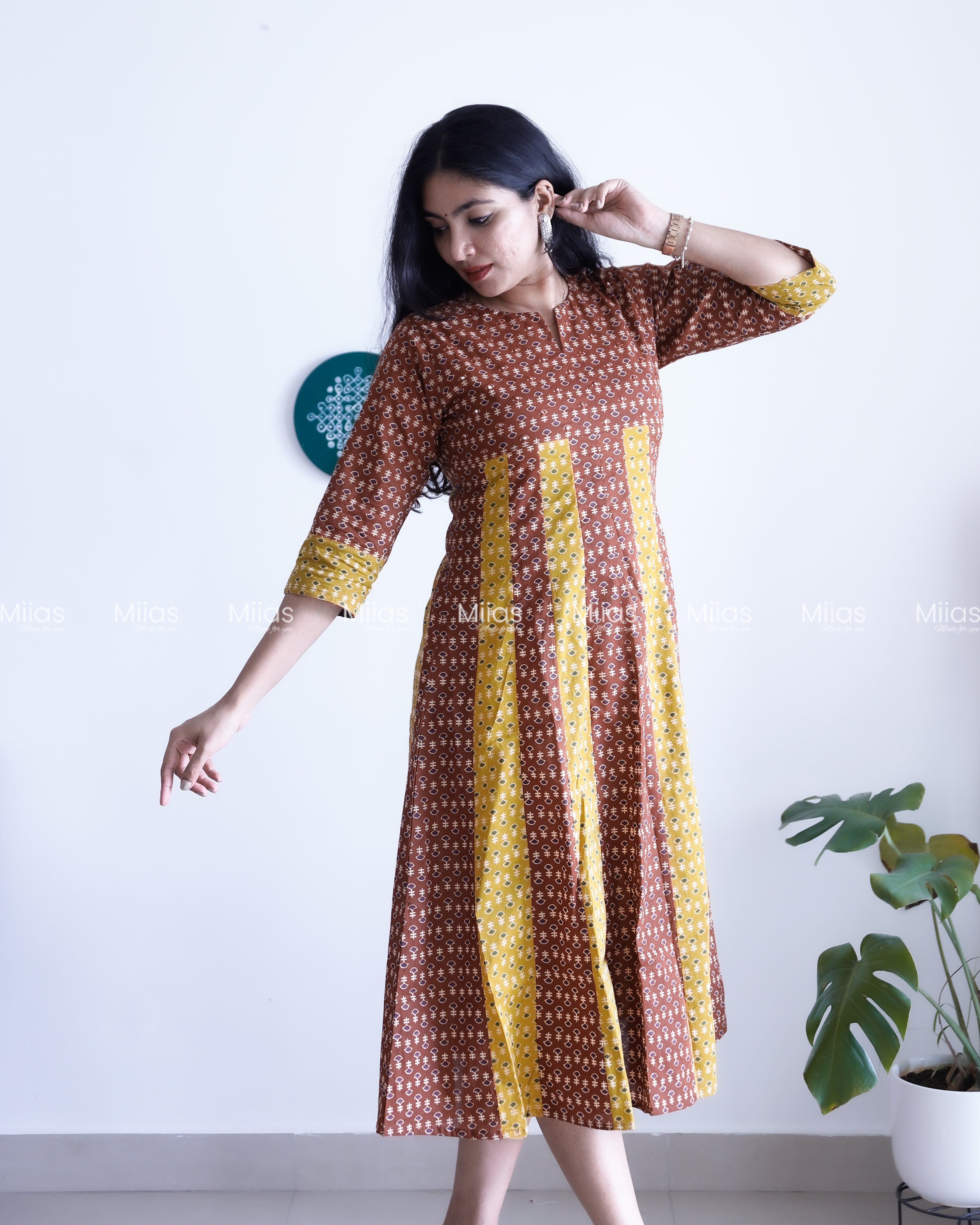 Cotton Panel Kurti | Ajrakh 2-Tone + Mirror Yoke + Border | Yellow & Brown (Inverted Colour)