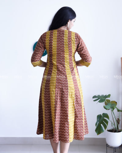 Cotton Panel Kurti | Ajrakh 2-Tone + Mirror Yoke + Border | Yellow & Brown (Inverted Colour)