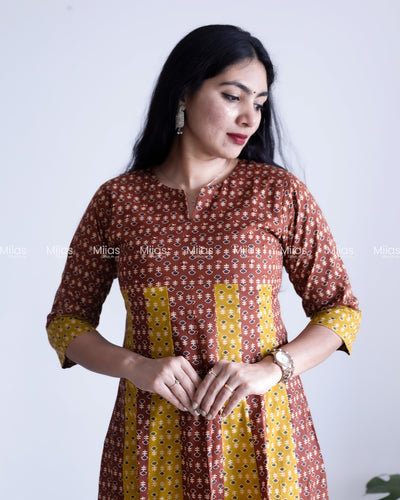Cotton Panel Kurti | Ajrakh 2-Tone + Mirror Yoke + Border | Yellow & Brown (Inverted Colour)