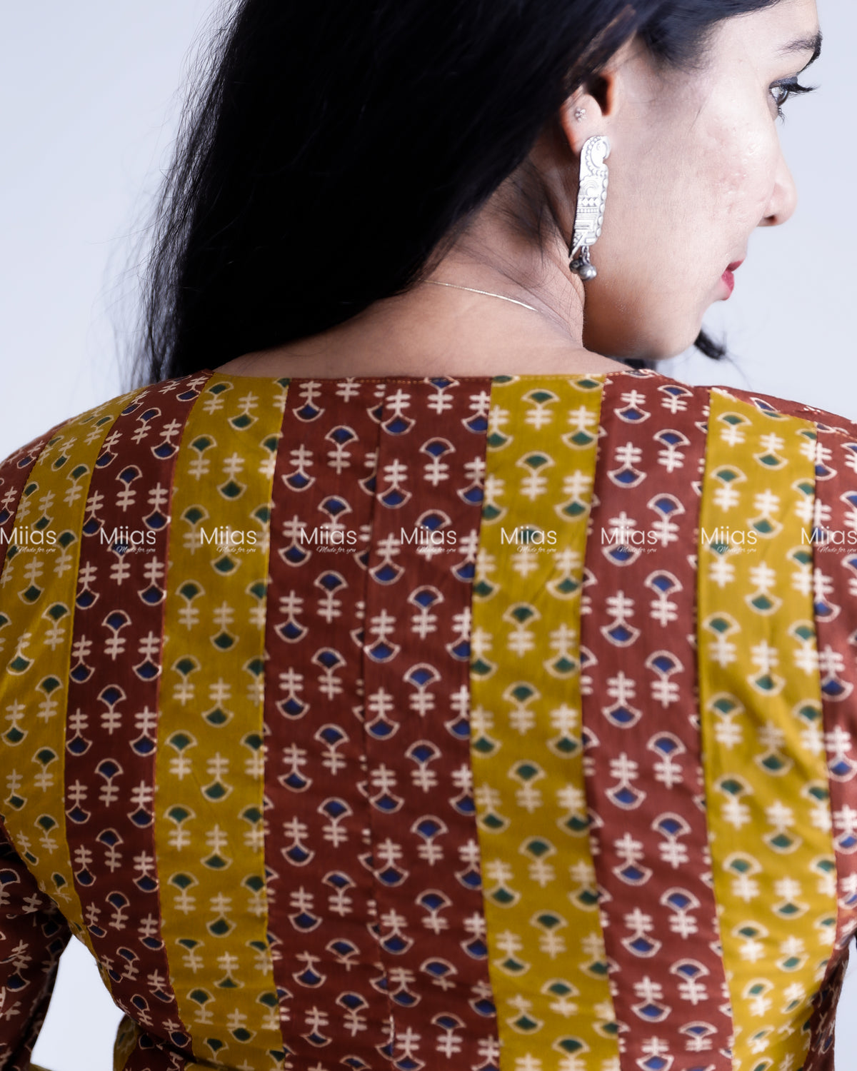 Cotton Panel Kurti | Ajrakh 2-Tone + Mirror Yoke + Border | Yellow & Brown (Inverted Colour)