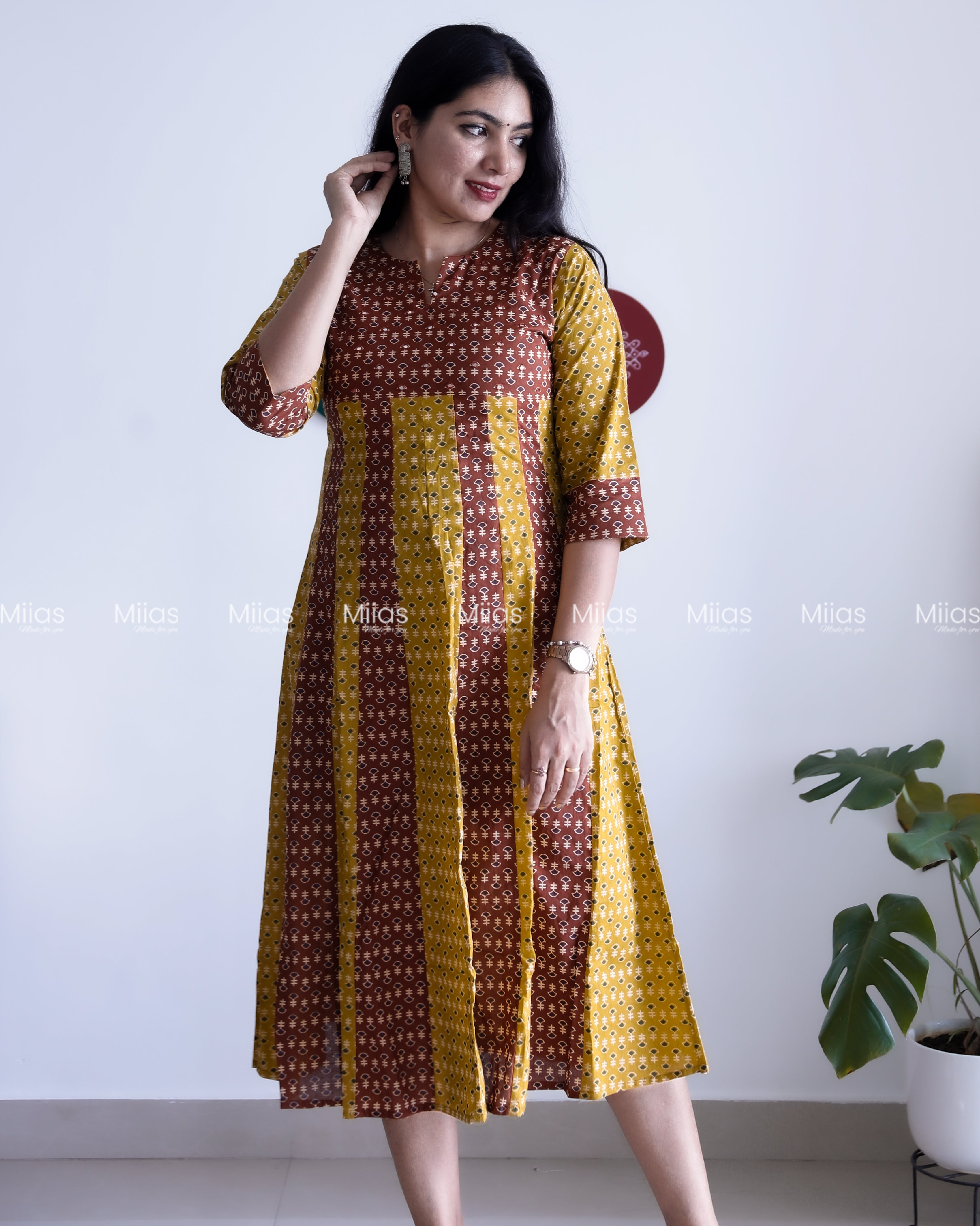 Cotton Panel Kurti | Ajrakh 2-Tone + Mirror Yoke + Border | Yellow & Brown