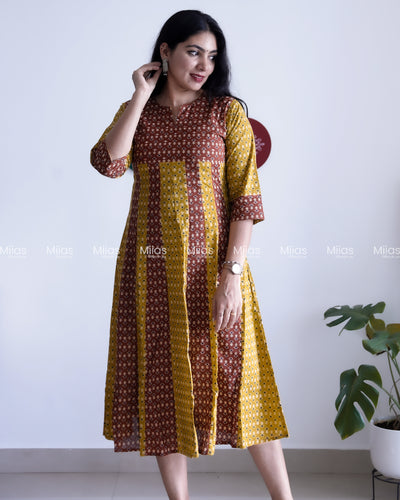 Cotton Panel Kurti | Ajrakh 2-Tone + Mirror Yoke + Border | Yellow & Brown