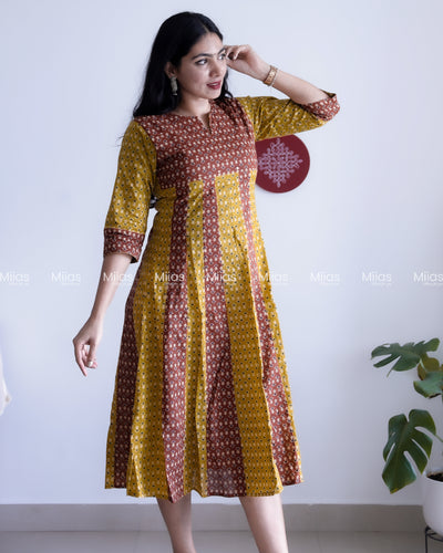 Cotton Panel Kurti | Ajrakh 2-Tone + Mirror Yoke + Border | Yellow & Brown