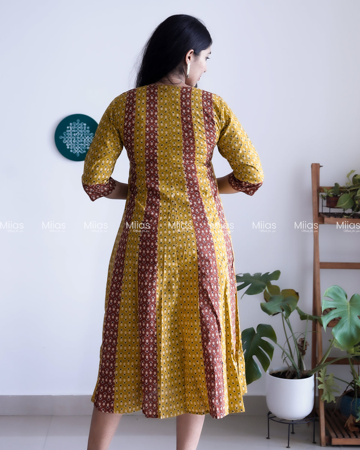 Cotton Panel Kurti | Ajrakh 2-Tone + Mirror Yoke + Border | Yellow & Brown