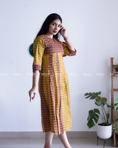 Cotton Panel Kurti | Ajrakh 2-Tone + Mirror Yoke + Border | Yellow & Brown
