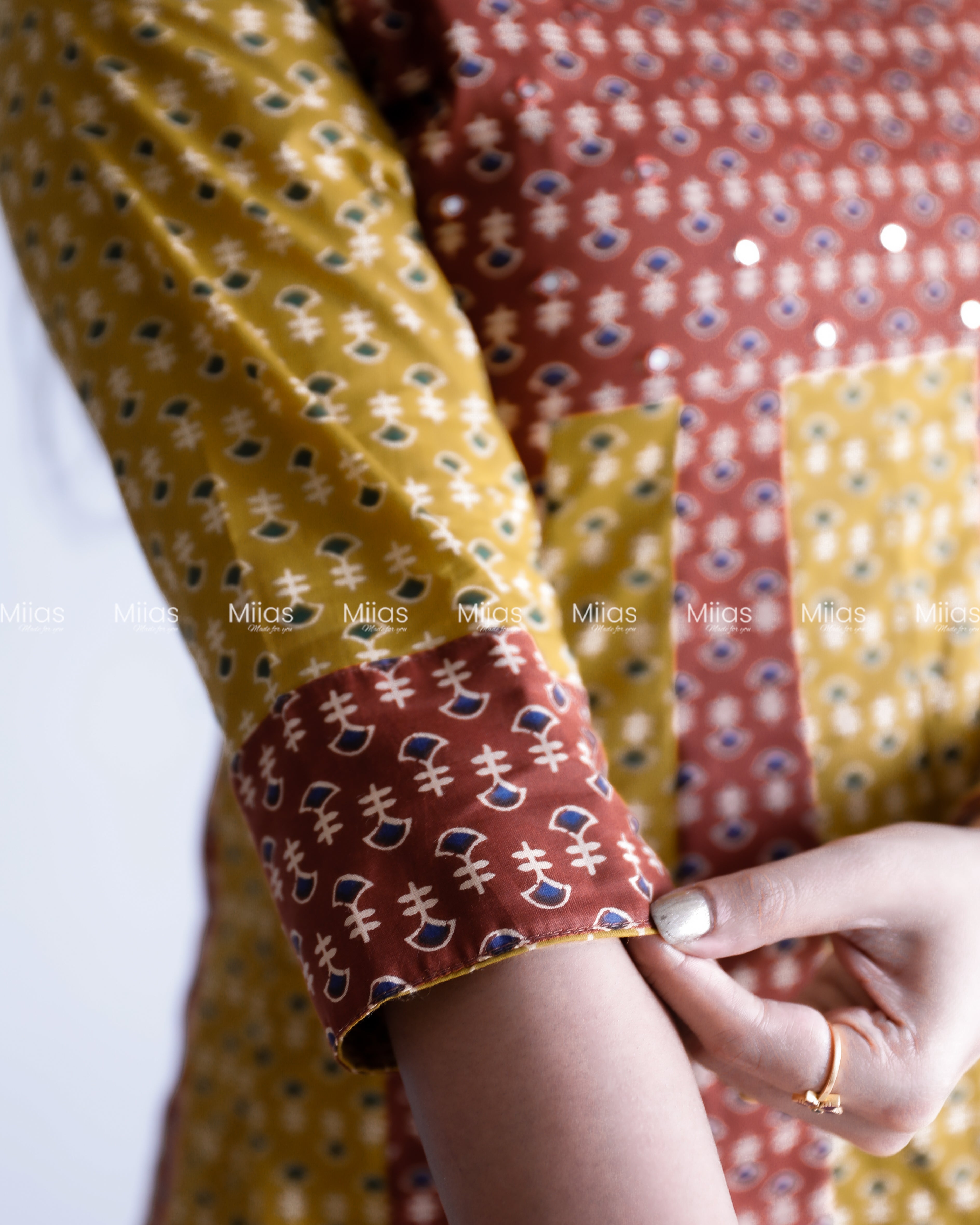 Cotton Panel Kurti | Ajrakh 2-Tone + Mirror Yoke + Border | Yellow & Brown
