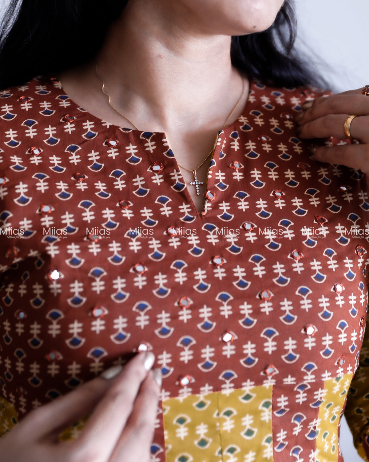 Cotton Panel Kurti | Ajrakh 2-Tone + Mirror Yoke + Border | Yellow & Brown