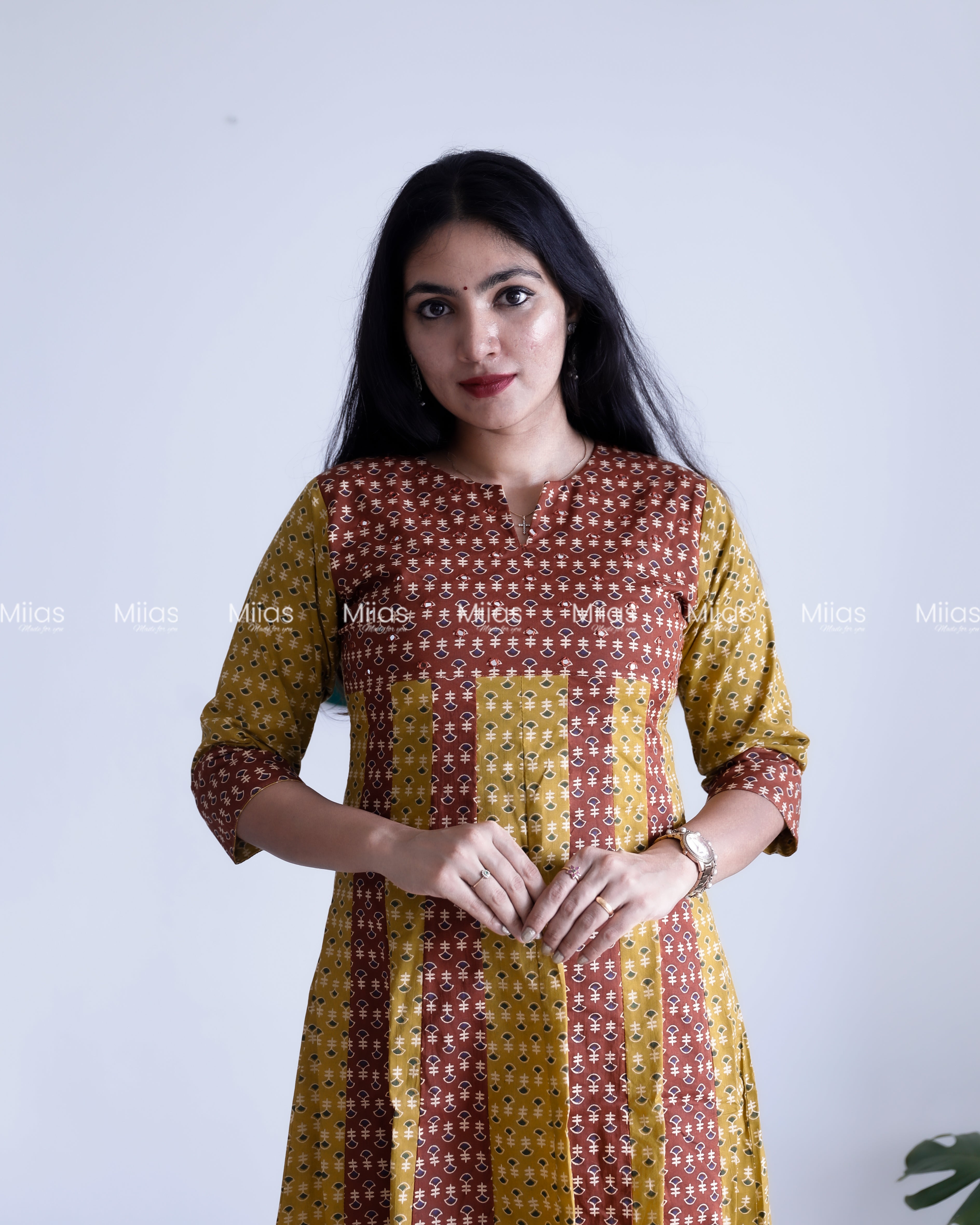 Cotton Panel Kurti | Ajrakh 2-Tone + Mirror Yoke + Border | Yellow & Brown